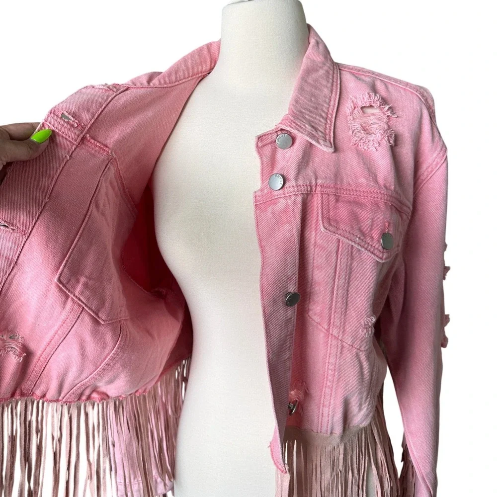 Cropped Pink Distressed Fringe Denim Jean Jacket L Western Cowgirl Festival